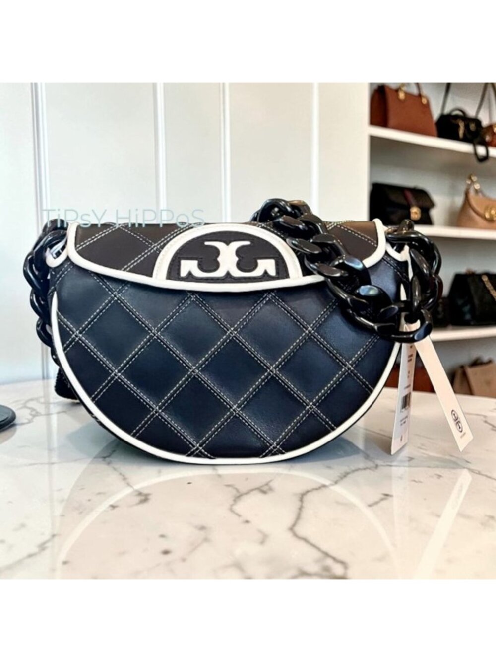 NEW WITH TAGS!  Authentic Tory Burch Black and White 1/2 Moon Fleming Handbag